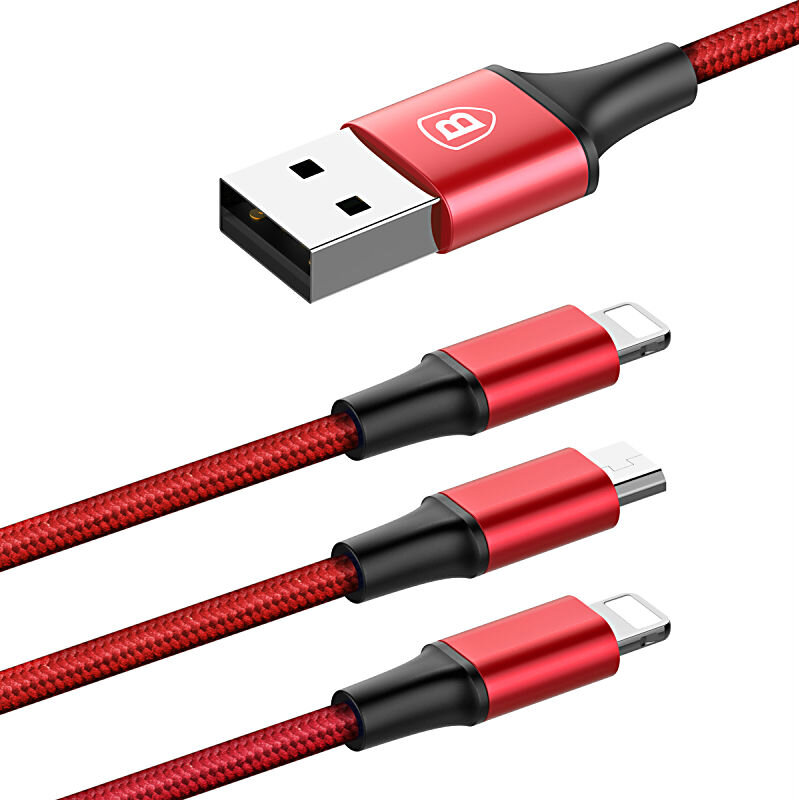 Baseus Rapid Series 3-in-1 Cable Micro+Dual Lightning 3A 1.2M Красный CAMLL-SU09 — фото