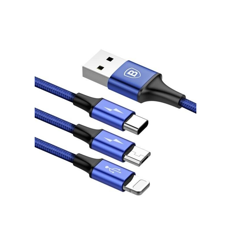 Baseus Rapid Series 3-in-1 Cable Micro+Lightning+Type-C 3A 1.2M Синий CAMLT-SU13 — фото