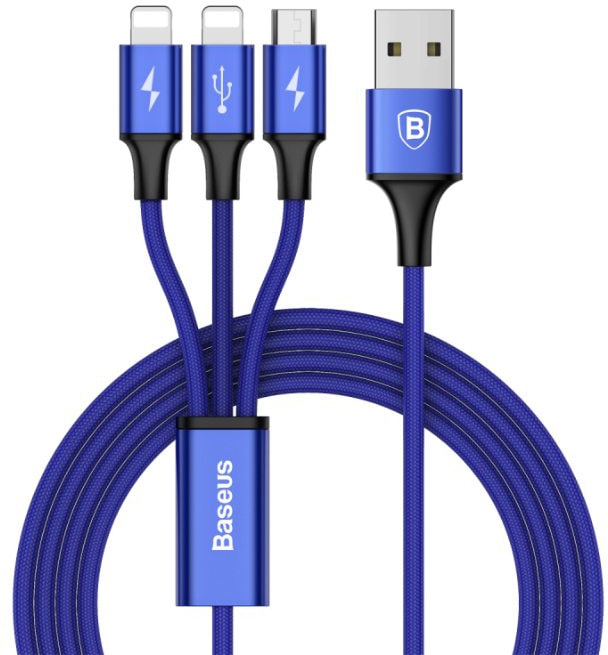 Baseus Rapid Series 3-in-1 Cable Micro+Dual Lightning 3A 1.2M Синий CAMLL-SU13 — фото