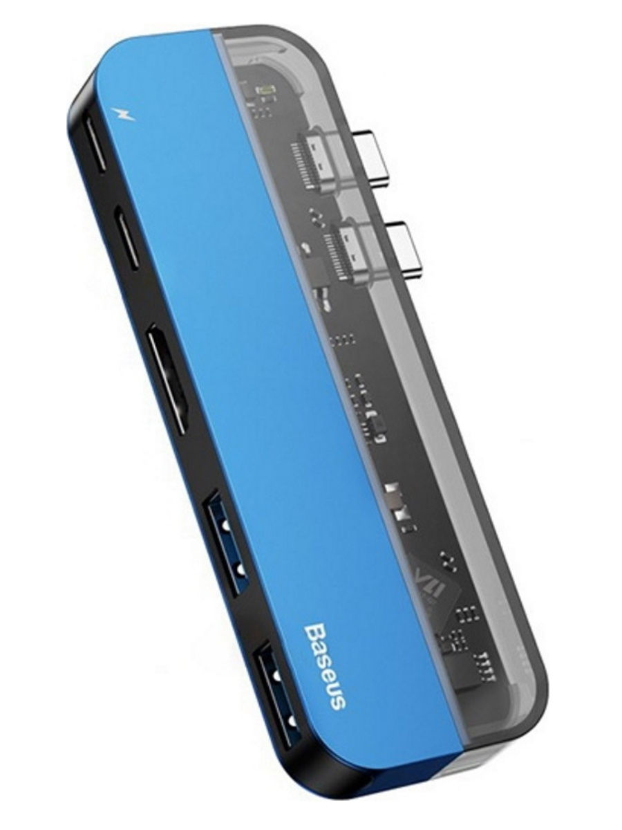 Baseus Transparent Series Dual Type-C Multifunctional HUB Adapter(Type-C to Type-C*2+USB3.0*2+4K HD*1) Синий CAHUB-TS03 — фото