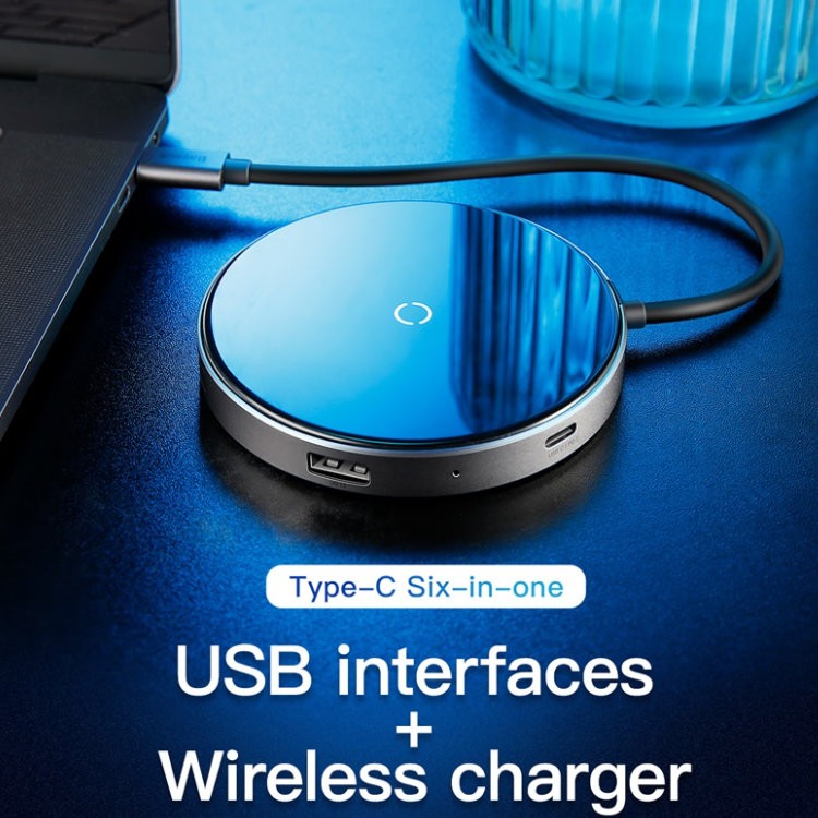 Baseus Circular Mirror Wireless Charger HUB (TYPE-C to USB 3.0*1+USB2.0*3/TYPE-C PD) Темно-серый WXJMY-0G — фото