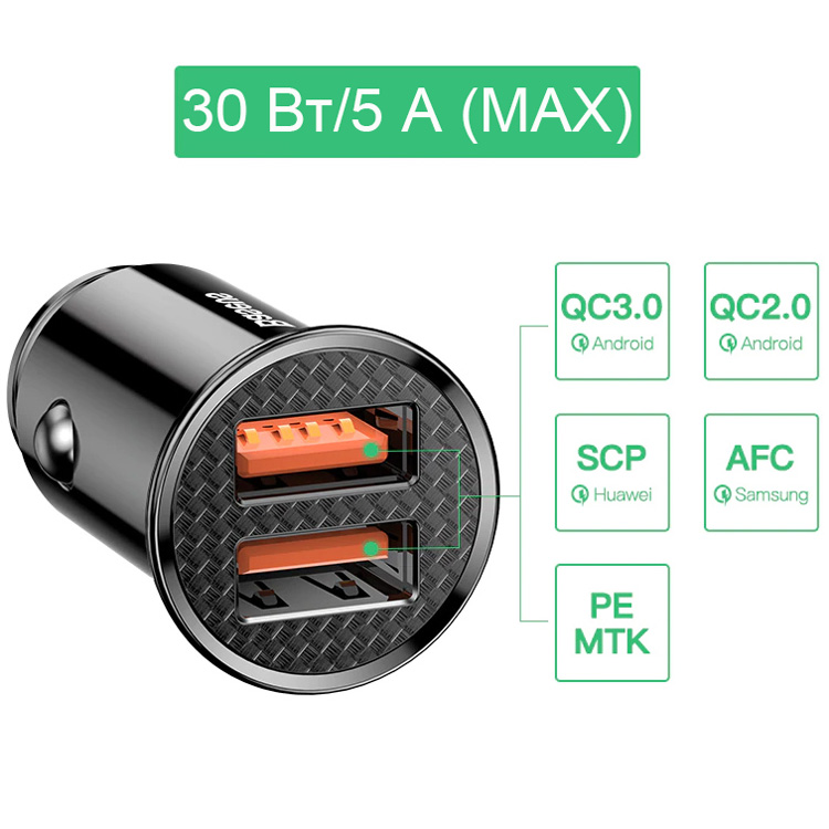 Baseus  Circular  Plastic  A+A 30W  Dual QC3.0  Quick  Car Charger(QC 3.0 SCP AFC)  Черный CCALL-YD01 — фото