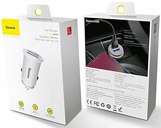 Baseus  Circular  Plastic  A+A 30W  Dual QC3.0  Quick  Car Charger(QC 3. 0SCP AFC) Белый CCALL-YD02 — фото