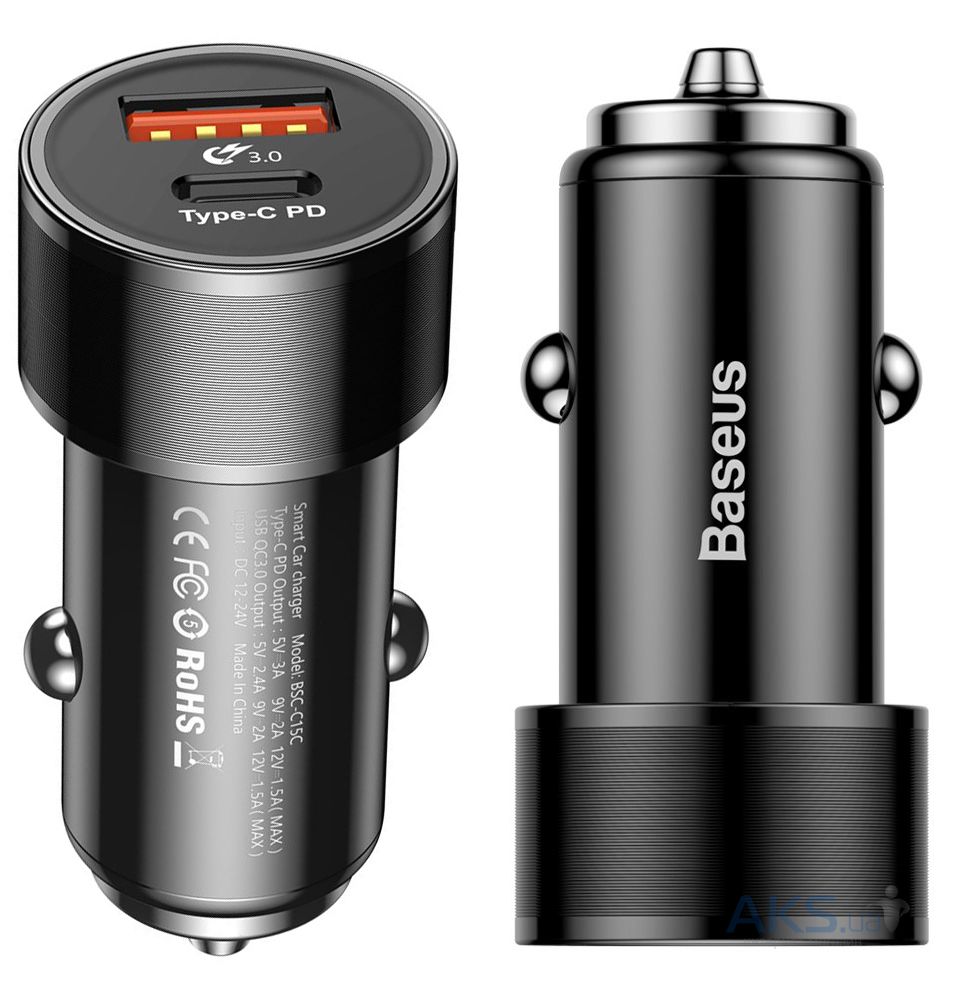 Baseus Small Screw Type-C PD+USB Quick Charge Car Charger 36W Черная CAXLD-A01 — фото