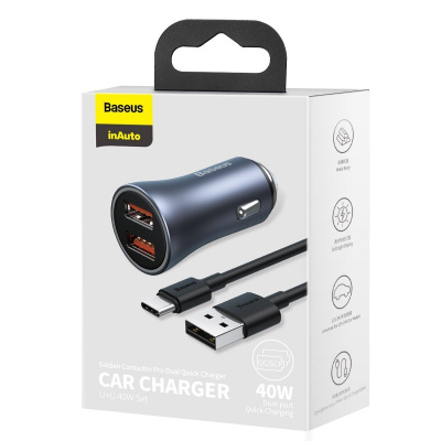 Автомобильное зарядное устройство Baseus TZCCJD-A0G Golden Contactor Pro Car Charger 2 USB 40W (кабель USB-Type-C 5A) Dark Gray — фото