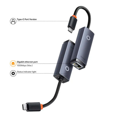 USB-хаб Baseus Lite Series Ethernet Adapter Type-C to RJ45 LAN Port 1000Mbps — фото